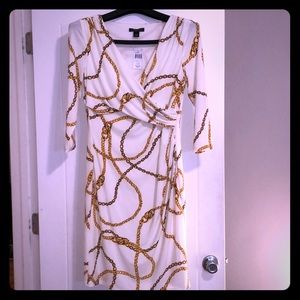Lauren by Ralph Lauren White and Gold Chain Dress